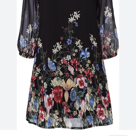 DJT Shift Chiffon Dress 3/4 Sleeve Elastic Cuff Knee Length Floral Print Lined - Picture 7 of 14